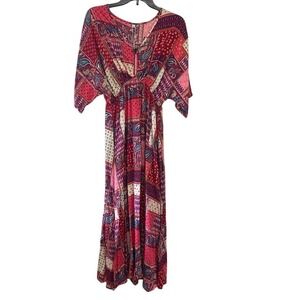 NWT Boho Patchwork Paisley Maxi Dress Kimono Sleeve Festival Bohemian Hippie M